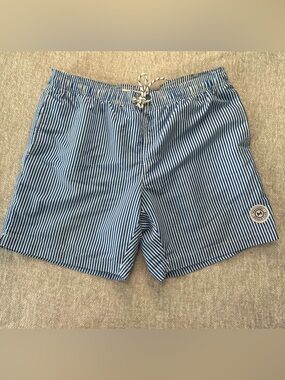 Maamgic Beach Club Blue White Striped Swim Trunks Mens Mesh Lined 36 Waist